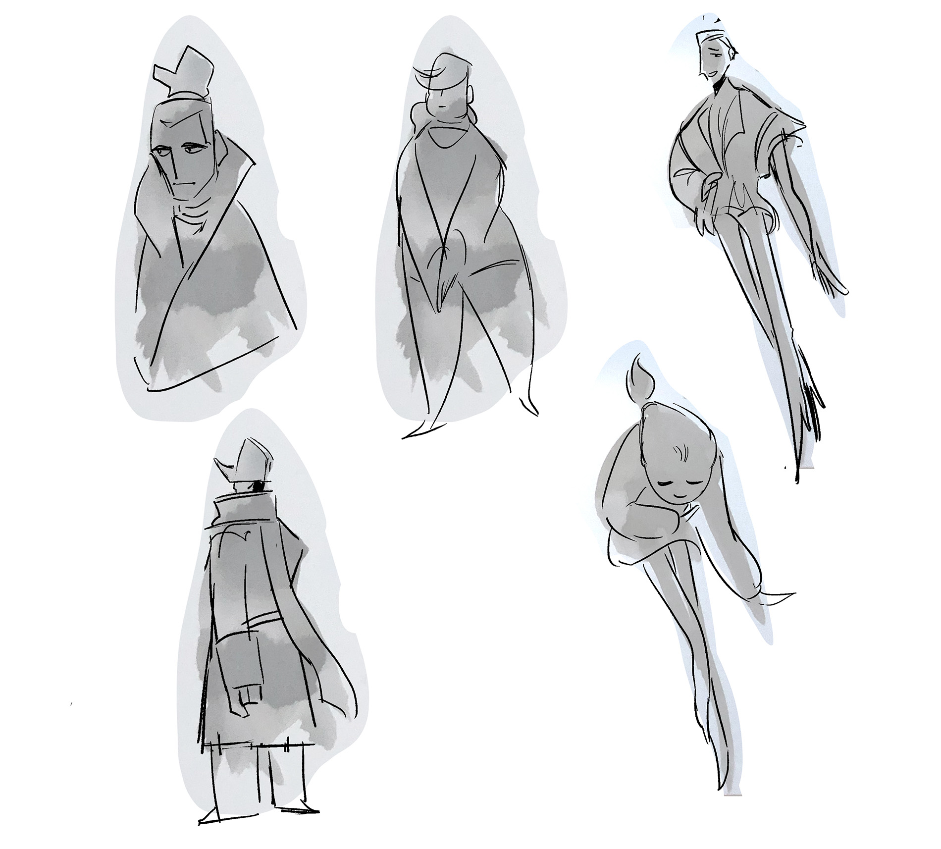 Five sketches of figures drawn on top of ink drops.