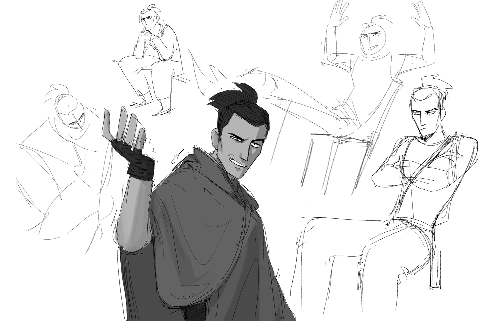 Multiple sketches of the mercenary in various poses.