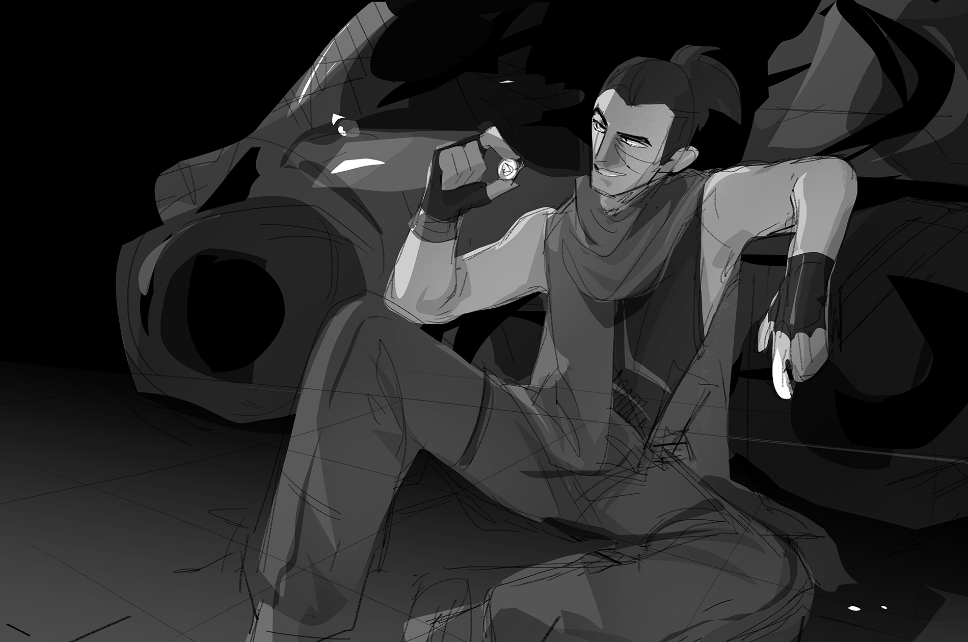 A black and white sketch of the finished image.