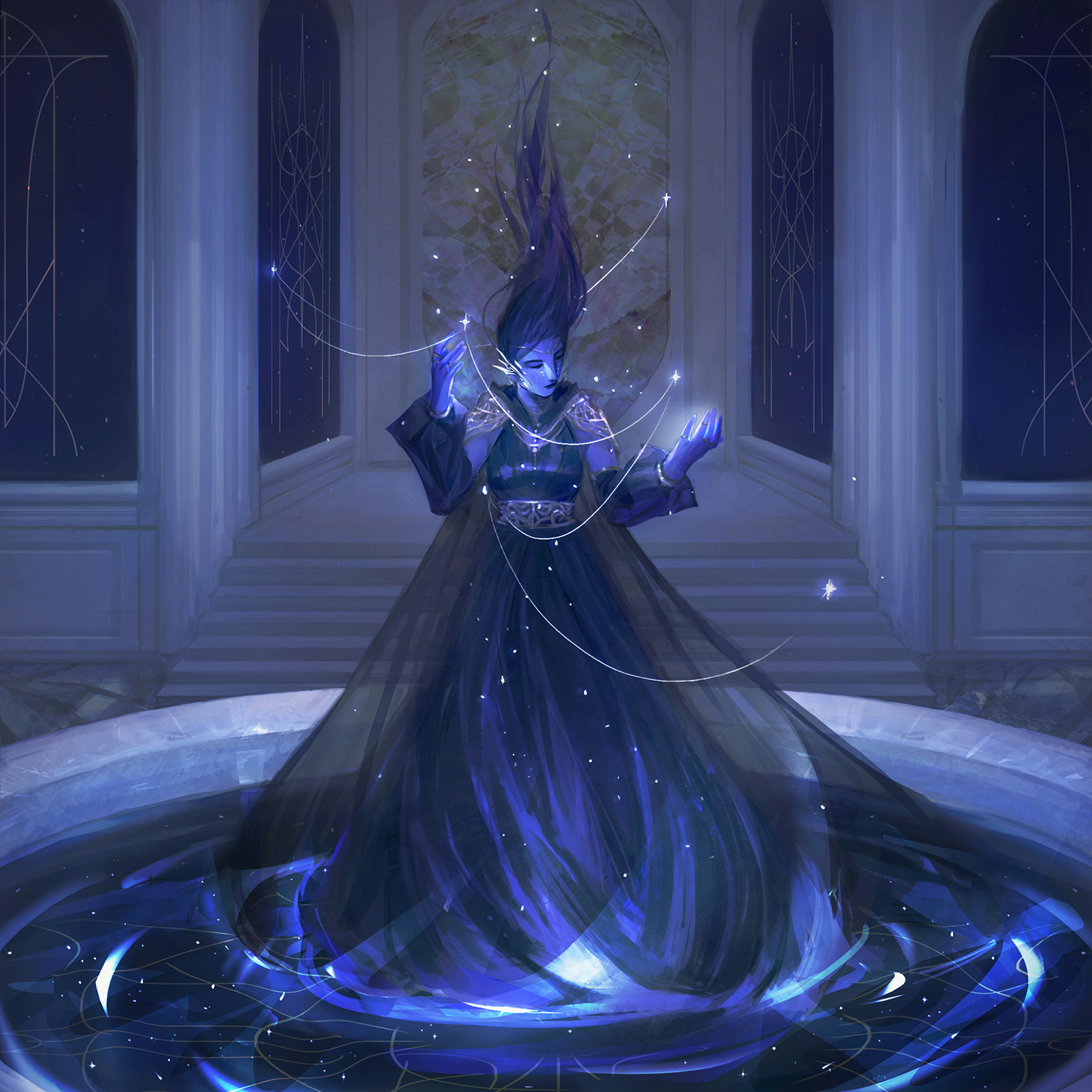 Starweaver. A blue woman surrounded by stars.